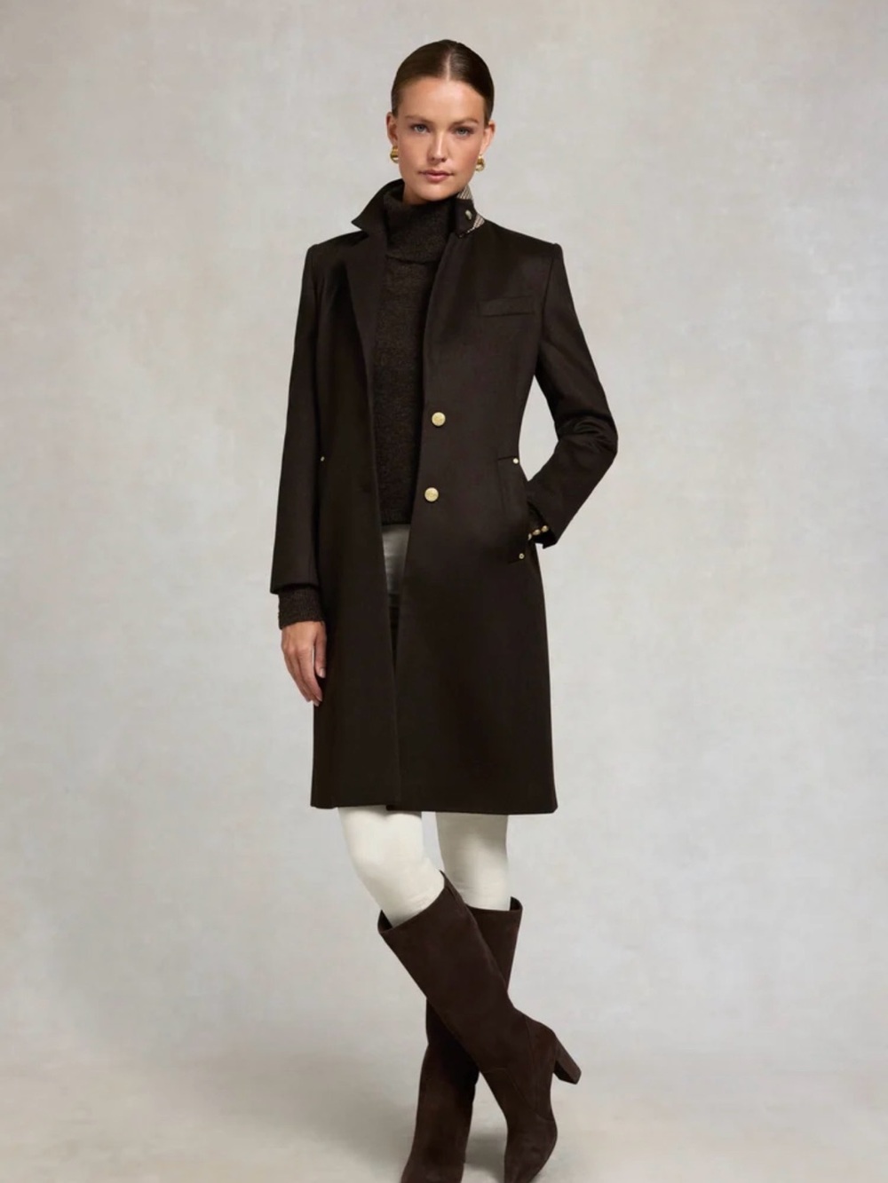 Holland Cooper Regency Coat Chocolate Brown Wool Blend Gold Buttons Size 14